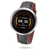 MyKronoz ZeRound2 HR Premium Smartwatch with Heart Rate Monitoring and Smart Notifications, Swiss Design, iOS and Android - Brushed Silver / Black Carbon Red Stitching Band
