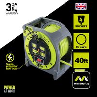 Masterplug 40ft Cord Case Reel with 4 120V / 13 AMP Integrated Outlets and Thermal Overload Breaker