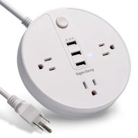 USB Surge Protector Extension Cord 6.5ft Power Strip 3 Outlets 2.4A Fast Charging Station 10A for iPhone iPad Samsung Laptop Computer Home Office Travel Bedside Nightstand Round White