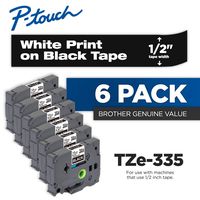 Brother Genuine P-Touch 6-Pack TZe-335 Laminated Tape, White Print on Black Standard Adhesive Laminated Tape for P-Touch Label Makers, Each Roll is 0.47"/12mm (~ 1/2") Wide, 26.2 ft. (8M) Long