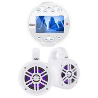 Lanzar Waterproof Bluetooth Marine Digital Media Receiver Stereo Radio Round White, 4" Waterproof Marine Wakeboard 300 Watt LED Tower Speakers (White) - Pair