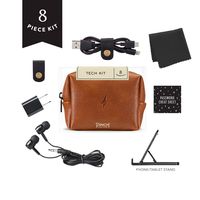 Pinch Provisions Tech Kit, Cognac, 4 inches x 3 inches x 2 inches - Tech Accessories Bag Filled with 8 Essentials Including Earbuds, Charging Cord, USB Wall Charger and More, for Men and Women