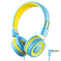 iClever Kids Headphones Girls Toddler - Wired Headphones for Kids on Ear, Adjustable Headband Tangle-Free Cord, Foldable, Child's Headphones for iPad Tablet Kindle Airplane School - Blue/Yellow