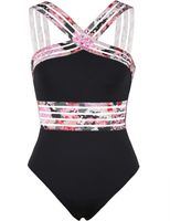 Hilor Women's One Piece Swimwear Front Crossover Swimsuits Hollow Bathing Suits Monokinis Black&Pink Floral L/US10-12
