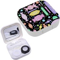 Portable Contact Lens Case Box Travel Kit Mirror + Bottle + Tweezers Container Holder [ Linocut Style Sweets ]