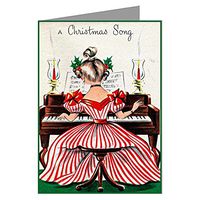 Twelve 3.5x5 Vintage Holiday Note Cards In A Boxed Set Of Woman With Red Striped Dress Playing A Piano For A Merry Christmas