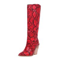 Tsmile Women's Slip-On Boots Snakeskin Print Pattern Under Knee High Chunky High Heel Club Party Long Tube Booties Red