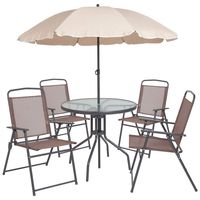 Flash Furniture Nantucket 6 Piece Brown Patio Garden Set with Table, Tan Umbrella and 4 Folding Chairs