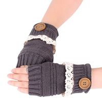 Benficial Women Winter Knitted Button Hollow Out Leaf Lace Keep Warm Fingerless Gloves New Gray