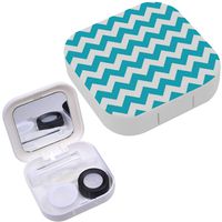 Portable Contact Lens Case Box Travel Kit Mirror + Bottle + Tweezers Container Holder [ Aqua White Chevron ]
