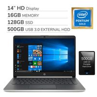HP 2019 Premium 14" HD Laptop Computer, 2-Core Intel Pentium Gold 4417U 2.3GHz, 16GB RAM, 128GB SSD, No DVD, Webcam, Bluetooth, Wi-Fi, HDMI, Windows 10 S, 500GB USB 3.0 External Hard Drive