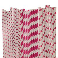 Valentines Day Paper Straw Mix - Dark Pink, White - Polka Dot, Heart, Striped (75)
