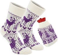 1 Pair of Norwegian Knit Socks with Hot Water Bottle - Purple White - One Size