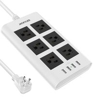 9.8ft USB Power Strip Surge Protector - JACKYLED Flat Plug Long Extension Cord 4 USB Ports 6 Outlets Fast Charge Electric Outlet Fireproof Desktop Charger Compatible with Phone Computer Laptop - White