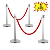 JAXPETY 2 Sets Round Top Polished Brass Stanchion Posts Queue Barrier, Pack of 4 Posts with Red Velvet Ropes,Silver