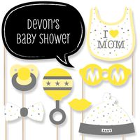 Custom Hello Little One - Yellow and Gray - Neutral Baby Shower Photo Booth Props Kit - Personalized Baby Shower Supplies - 20 Selfie Props