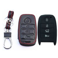 MJKEY 1x Genuine Leather 1x Black Silicone Rubber Key Fob Protective 4 Buttons Smart Remote Key Fob Holder Key Case Cover For Kia K3 K5 Cerato Forte Sorento Rio Rio5 Optima SY5JFFGE04