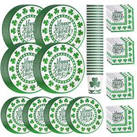 St Patrick’s Day Paper Plates Napkins Cups for 24 Guests Green Shamrocks Dinner Irish Party Supplies Disposable Dinnerware Set Decoration, Serves 24