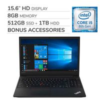 Lenovo ThinkPad E590 2019 Premium 15.6'' HD Laptop Notebook Computer,4-Core Intel i5-8265U 1.60 GHz, 8GB RAM, 512GB SSD + 1TB HDD, Wi-Fi,Bluetooth,Webcam,HDMI,No DVD,Win 10 Pro,Bonus Accessories
