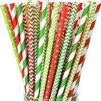 200 Pieces Christmas Straws Biodegradable Drinking Straws Green Stripe Dot Chevron Paper Straw for Holiday Christmas Party Supplies(Color Set 2)