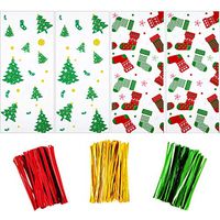 100 Pieces Christmas Cellophane Bags Candy Gift Bags Goodies Treat Bags with 150 Pieces Twist Ties for Christmas Party Packaging Supplies (Style 2)