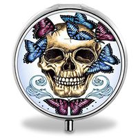 Custom Pill Case, Skull and Butterfly Round Compact 3 Metal Portable Pill Container for Daily Use
