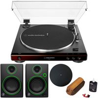 Audio-Technica Fully Automatic Belt-Drive Turntable - Brown Black + Audio Immersion Bundle w/Protective Turntable Platter, Vinyl Record Cleaning System & Mackie CR3 3" Multimedia Monitors (Pair)
