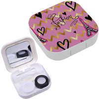 Portable Contact Lens Case Box Travel Kit Mirror + Bottle + Tweezers Container Holder [ Girls Textile Pink Heart ]