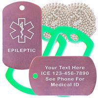 Custom 2 Pack - Epileptic Medical Alert ID Necklaces with Pink Custom Tags, Green Silencers, and 30'' USA Chains