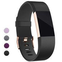 Hotodeal Band Compatible with Fitbit Charge 2 Band, Classic Soft TPU Adjustable Replacement Bands Fitness Sport Strap, Rose Gold Buckle, Large Black