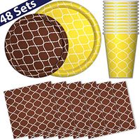 Paper Dinnerware Set for 48 - Yellow & Brown Bark - Dinner Plates, Dessert Plates, Cups, Napkins - Heavy Duty Disposable Tableware Dishes for Parties with Lattice Design