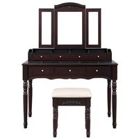 VASAGLE Vanity Set, Tri-Folding Necklace Hooked Mirror, 7 Drawers, 6 Organizers Makeup Dressing Table with Cushioned Stool Easy Assembly, for Women Girls Dark Espresso