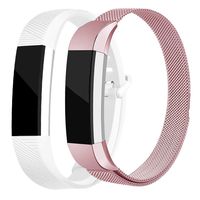 AKALE Replacement Bands Compatible for Fitbit Alta/Alta HR, Stainless Steel Metal Strap and Extra Silicone Replacement Bands (Rose Pink + White Large)