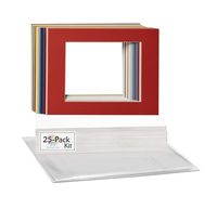 Mat Board Center, Pack of 25 Set 11x14 Mixed Colors White Core Picture Mats for 8x10 Photo + Backing + Bags