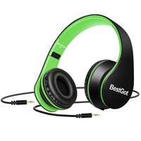 [2019 Upgrade] BestGot Wired Kids Headphones for Kids Adult Foldable Headphones with 3.5mm Plug Removable Cord (Black/Green)(Without Cloth Bag and Microphone)