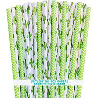 Cactus Themed Paper Straws - Green White Succulents and Lime Chevron - 100 Pack