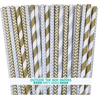 Outside the Box Papers Gold and Silver Chevron and Stripe Paper Straws 7.75 Inches 100 Pack Gold, Silver, White