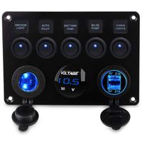 Kohree 5 Gang Rocker Switch Panel 12V Waterproof for RV Boat Car Vehicles Truck Marine, Toggle Led Switch Panel Digital Voltmeter Display Dual USB Charger Port DC 12/24 Volt Socket 12/24V Blue Lighted
