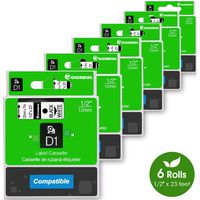 Replace Dymo 1/2 in x 23 ft Black on White Label Tape Compatible Dymo D1 Label Tape 45013 S0720530 12mm x 7m Replacement for Dymo LabelManager 160 Label Maker, 6-Pack, by COLORWING