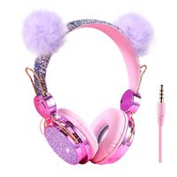 Kids Headphones Glitter Bear Ear Volume Limiting Adjustable Cute Anime Wired Headphones for Girls (Purple-Bear Ear)