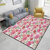 YucouHome Watercolor Checkered Children's Software Games, Pink Peonies and Roses Green Leaves Exotic Gentle Bouquet Bridal Wedding Theme, Fashionable High Class Living Dinning Room(6'x 9') Multicolor