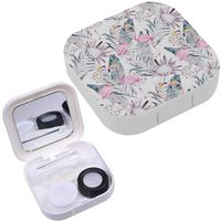 Portable Contact Lens Case Box Travel Kit Mirror + Bottle + Tweezers Container Holder [ Tropical Flamingo Protea ]