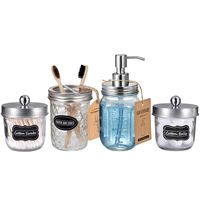 Mason Jar Bathroom Accessories Set(4 Pack) - Lotion Soap Dispenser&Qtip Holder Set&Toothbrush Holder-Rustic Farmhouse Decor Apothecary Jar Bathroom Countertop,Vanity Organize (Brushed Nickel)