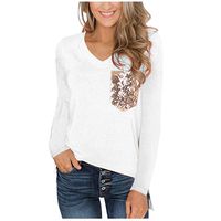 Women's Sequin Pocket Summer Tops Short Sleeves V Neck T Shirt Casual Basic Tees with Side Slits White
