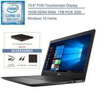 2019 Dell Inspiron 15 Laptop Computer, 15.6" FHD Touchscreen, 8th Gen Intel Core i3-8145U (Beat i5-7200U) Up to 3.9GHz, 16GB DDR4 RAM, 1TB PCIE SSD, Windows 10 + EST External DVD+ Accessories