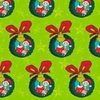Dr. Seuss Grinch Wreath Green Heavyweight Gift Wrapping Paper 35 sq ft Roll