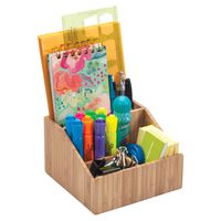 Multi-Use Bamboo Office Product Organizer Compact for Desktop, Holds Notepads, Pens, Pencils, Business Cards, Paper Clips, Stationery Supplies & More