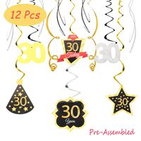30 Birthday Decoration Happy 30th Birthday Party Silver Black Gold Foil Hanging Swirl Streamers I'm Thirty Years Old Today Birthday Hat Gold Star Ornament Party Present Supplies