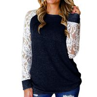 Oliviavan Women Loose T-Shirt Long Sleeve Lace Patchwork Casual Tops (Navy, S)
