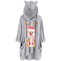 Sunhusing Womens Cute Lazy Lying Cat Printed Solid Color Long Sleeve Sweatshirt Cat Ear Hooded Pocket Tunic Tops(5 Gray,4XL)